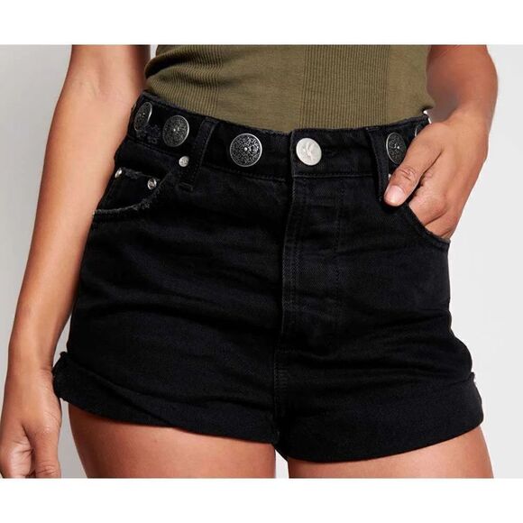 ONETEASPOON WORN BLACK CONCHO BANDITS HIGH WAIST DENIM SHORT 28/6 - Picture 2 of 10